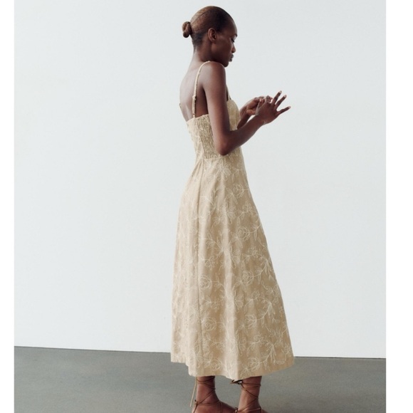 Zara Embroidered Floral Midi Dress XS Beige/Ecru - Picture 7 of 7